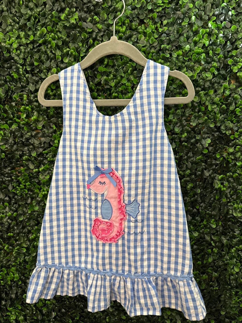 Nannette, Seahorse Gingham Ruffle Top Toddler 4T Summer Blouse Girls